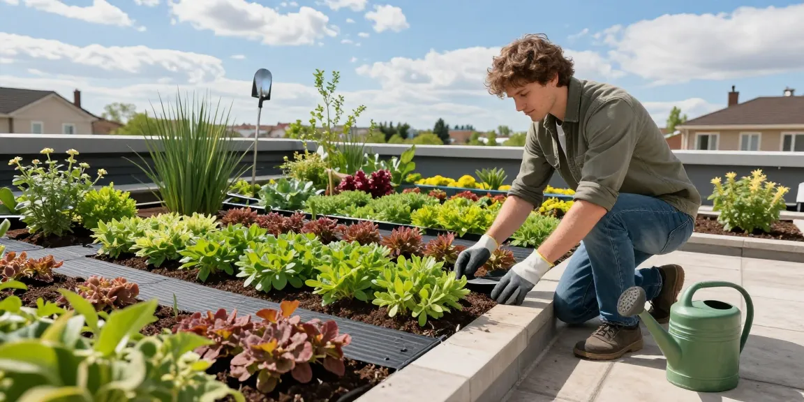Huiseigenaar inspecteert de installatie van sedum dak kosten met levendige planten en tuingereedschap.
