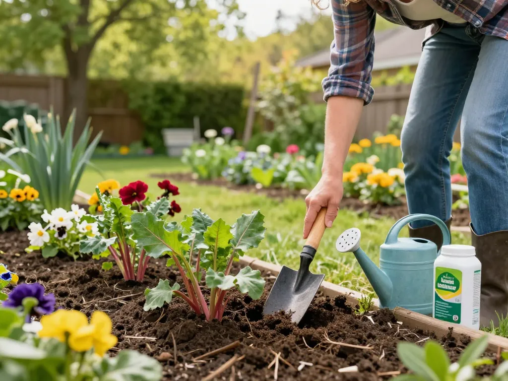 Gardening enthusiast planting rabarber planten in a vibrant spring garden.