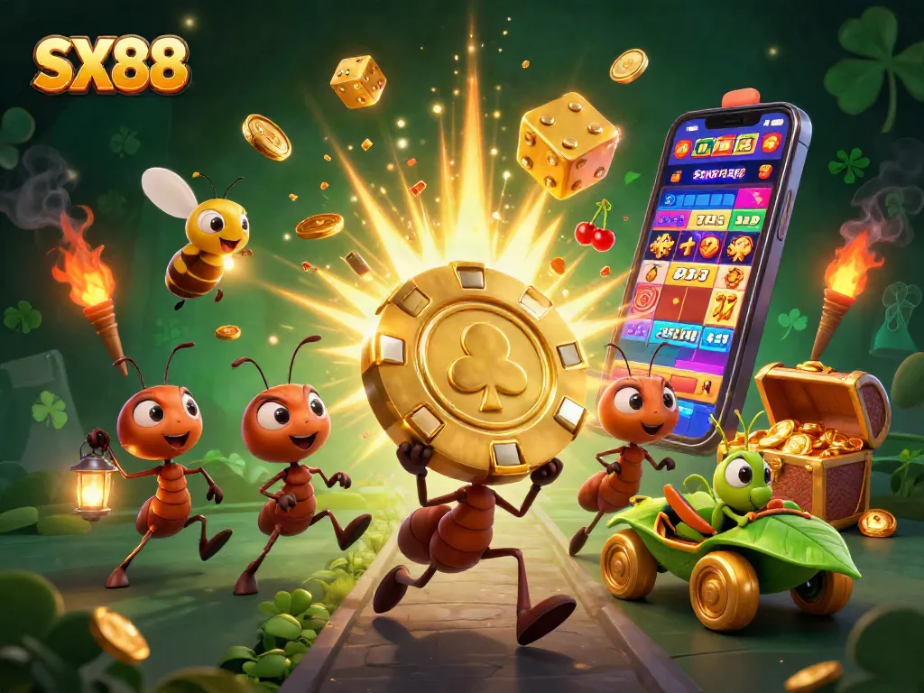 SX88 team of cartoon ants in a casino heist, surrounded by jackpot elements and vibrant colors.