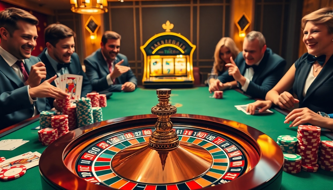 Xoso66 casino scene featuring a roulette wheel, poker chips, and enthusiastic players enjoying gambling.