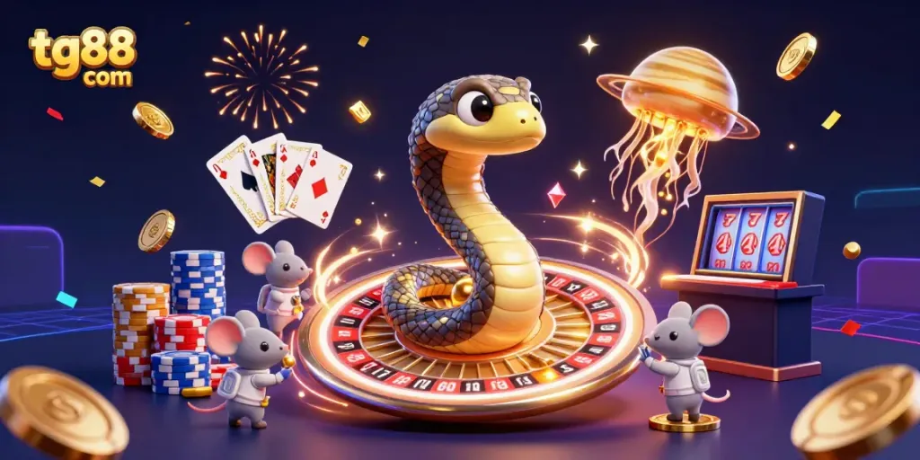 Engage in tantalizing games at tg88 com with vibrant space-themed gambling scene featuring animated characters.