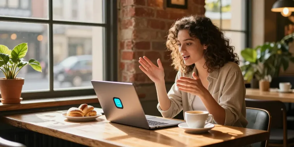 A young woman enjoying AI conversations with juicy ai in a cozy café setting.
