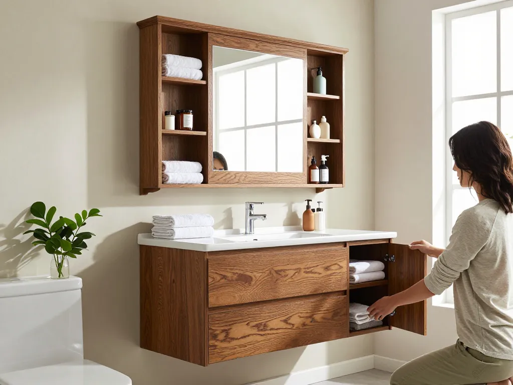 Stijlvolle badkamer kasten in een elegante badkameromgeving met georganiseerde accessoires.