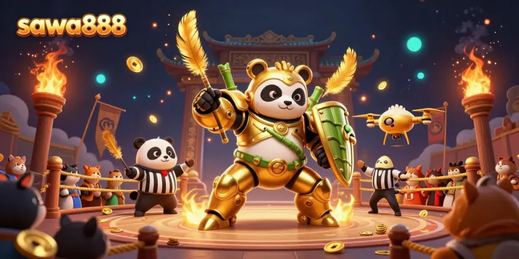 Sawa888 showcases lively animated panda piloting a robot in a vibrant gambling arena.