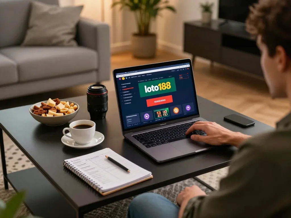 Player enjoying a loto188 online gaming session at home, complete with snacks and gaming setup.