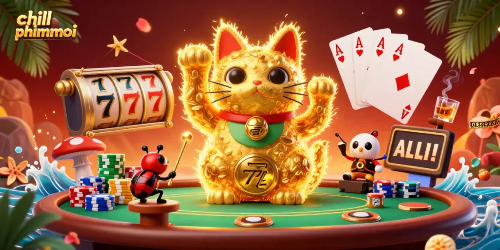 Experience the thrill with chill phimmoi in a vibrant illustration of a lucky cat shaped by fireflies at a casino.