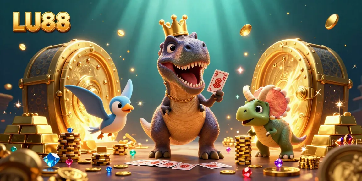 LU88 casino scene featuring a cartoon T-Rex, pterodactyl, and triceratops, surrounded by gambling elements.