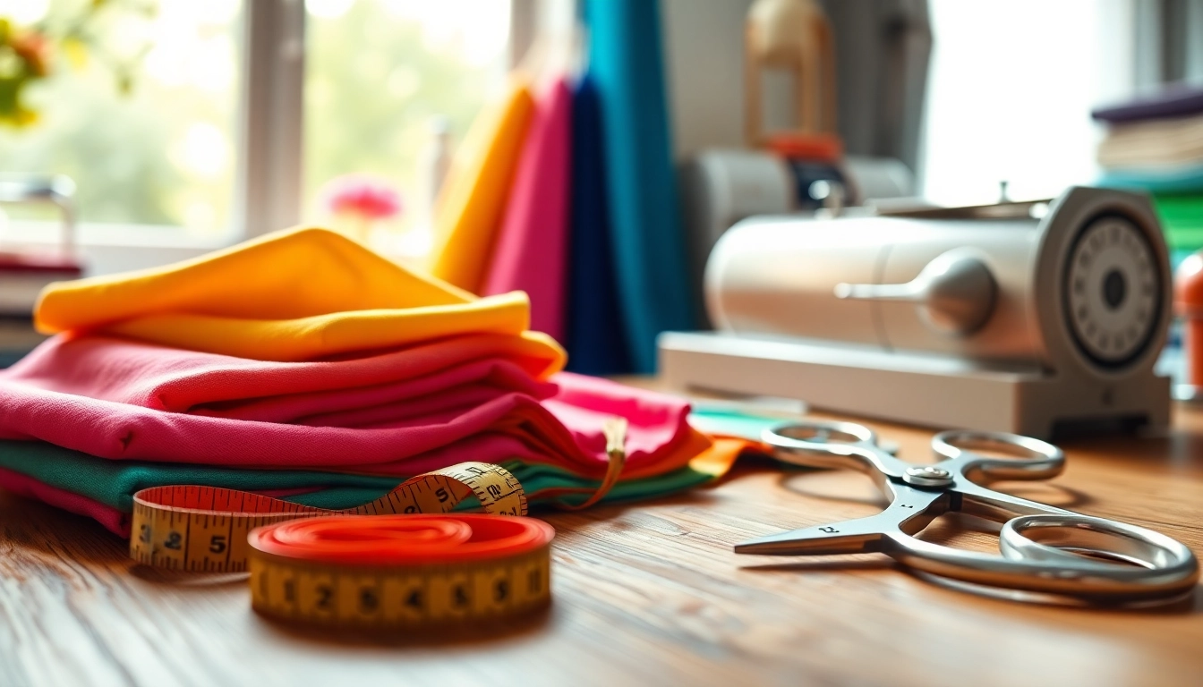 Vibrant stoffen voor naaien beginners met kleurrijke stoffen en naaigerei op een houten tafel.