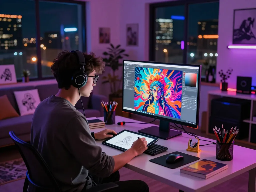 Nurturing creativity and technology through ai nsfw image generation in a vibrant artist studio.