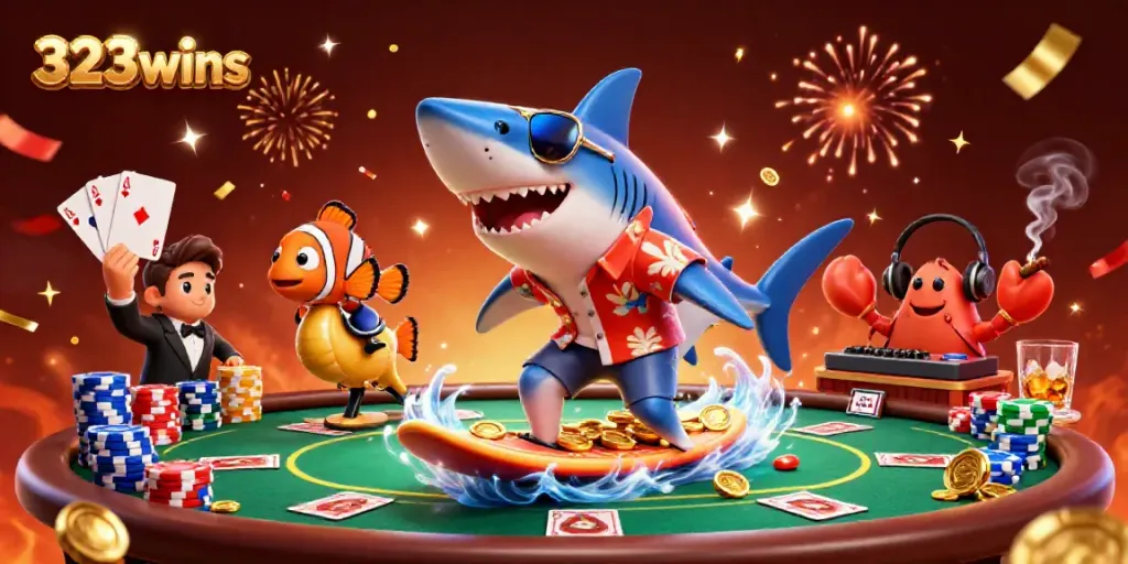 Experience thrilling gameplay at 323wins with vibrant casino characters and festive elements.