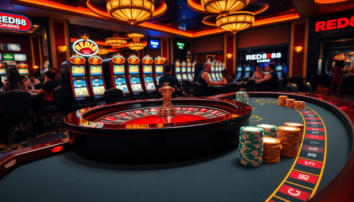 Experience the excitement of RED88 with vibrant casino visuals showcasing roulette and poker.