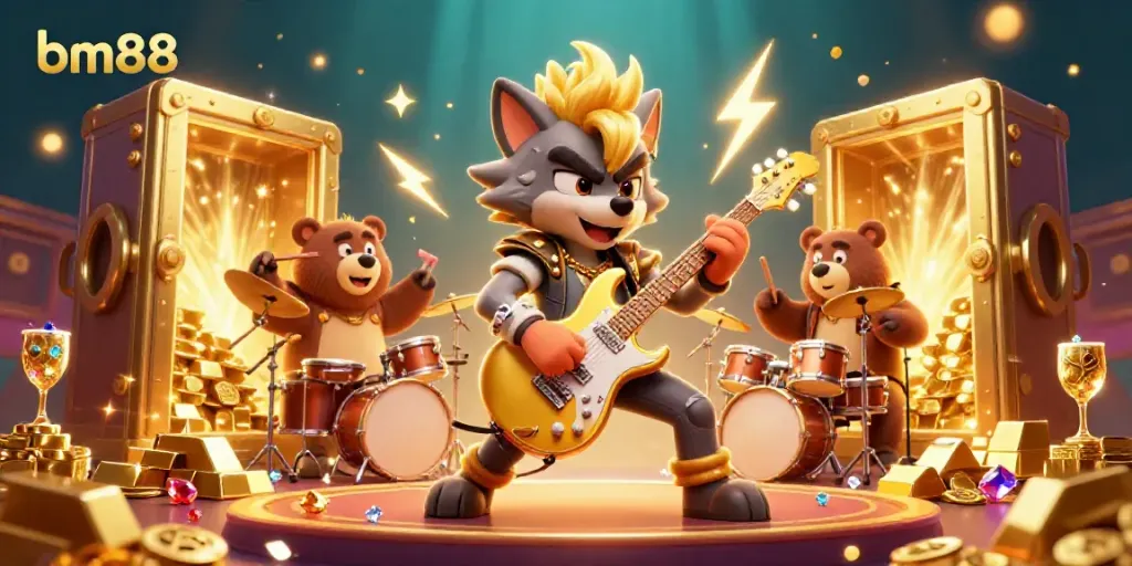 Experience the thrilling atmosphere of bm88 as the rock star wolf rocks the casino stage with jewels and gold everywhere.