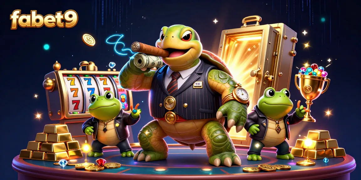 Play thrilling slots with fabet9's vibrant casino scene featuring a mobster turtle and bullfrog enforcers.