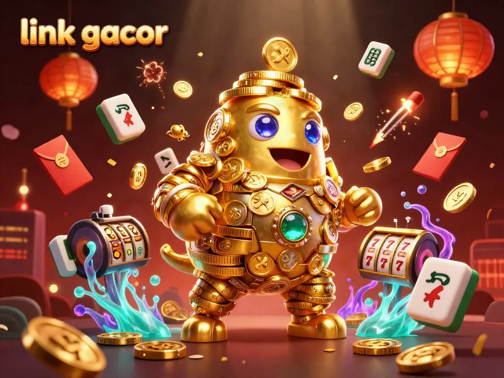 Experience the thrill of winning with link gacor in this vibrant 3D casino scene featuring golden golem and slot motifs.