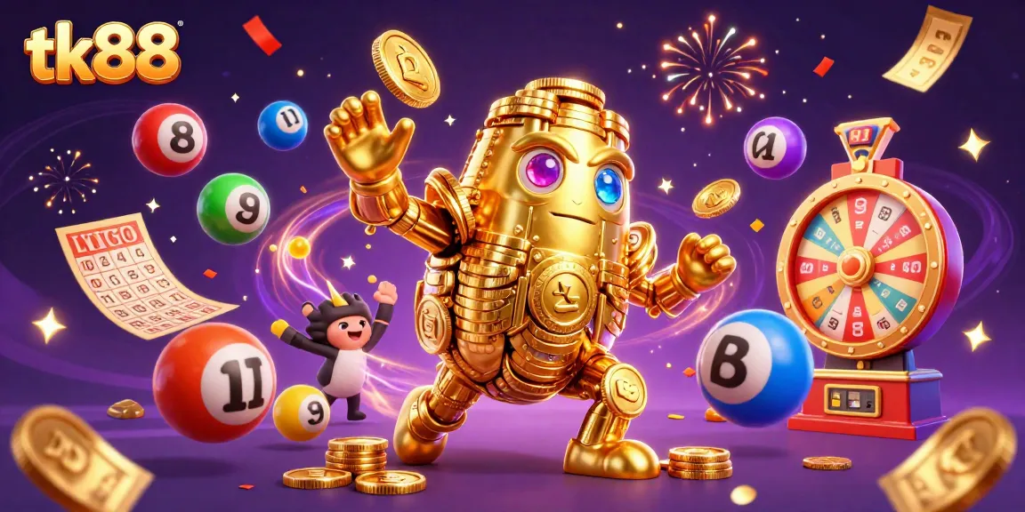 Play exciting games at tk88 with our golden golem amidst colorful lottery balls and vibrant prize wheels.