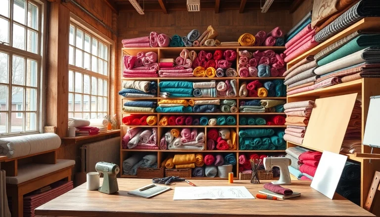 Bekijk prachtige uni katoen stof in een warme, creatieve textielstudio met kleurrijke stoffen.