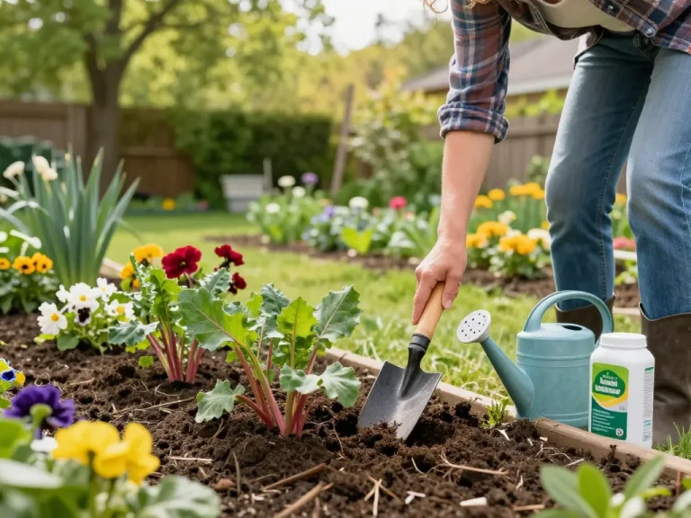 Gardening enthusiast planting rabarber planten in a vibrant spring garden.