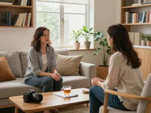 Warme therapiesessie bij emendare-ggz.nl die menselijke verbinding en mentale gezondheidssteun benadrukt