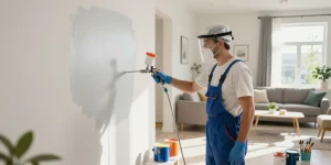 Professionele toepassing van latex spuiten op muren in een lichte woonkamer met stijlvolle decoratie en natuurlijk licht.