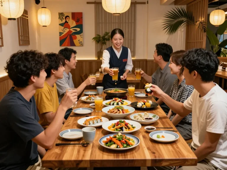 Group enjoying a lively meal at RED88 restaurant with vibrant Asian dishes.