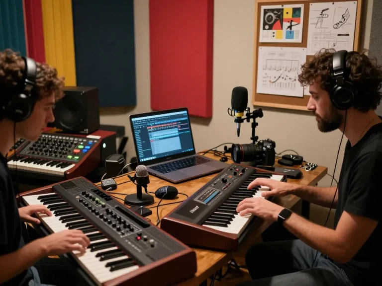 Musicians excitedly collaborating on music creation using VK88 organ in a vibrant home studio.