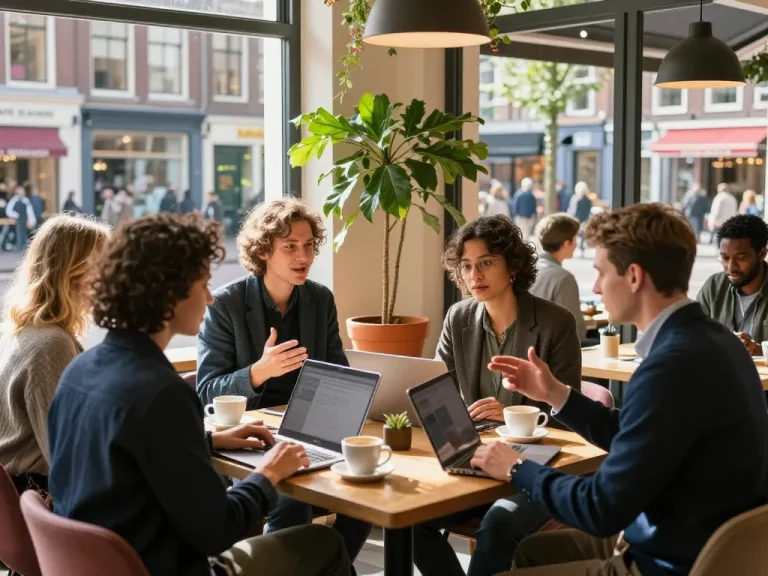 Samenwerkende professionals die in een café bespreken, met de nadruk op bedrijven in Utrecht.