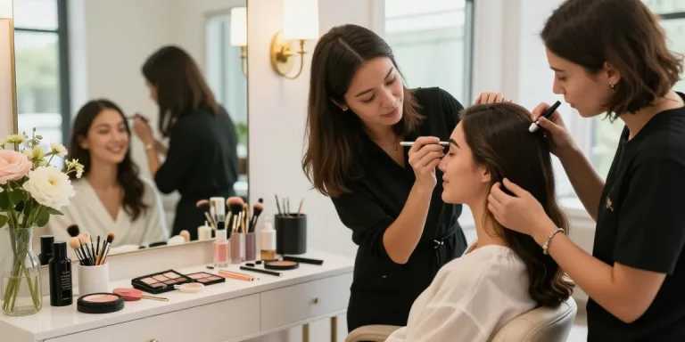 Klant ontvangt de applicatie van powder brows in een chique schoonheidssalon.