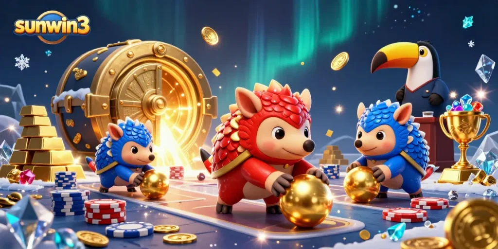 Experience thrilling action at sunwin3 with rival pangolins battling in a vibrant casino scene.