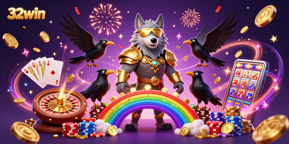 Immerse in 32win's thrilling casino fantasy featuring Odin, ravens, and colorful game elements.