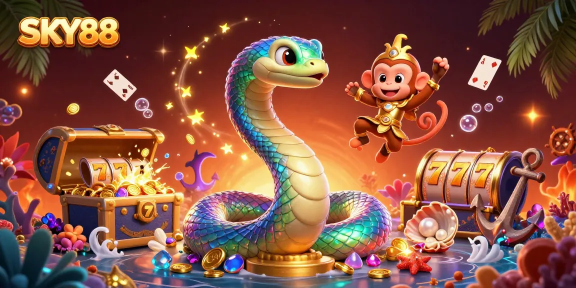 Engage in thrilling gameplay at SKY88 with vibrant characters and dynamic casino elements.