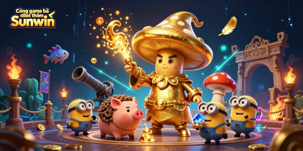 Cổng game bài đổi thưởng Sunwin brings a magical world where players catch treasures surrounded by fantasy characters and vibrant elements.