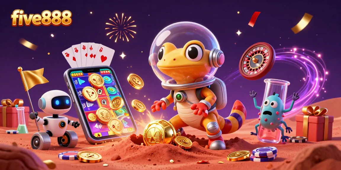 Experience five888's thrilling casino adventure with a Martian gecko, golden rewards, and exciting game elements.