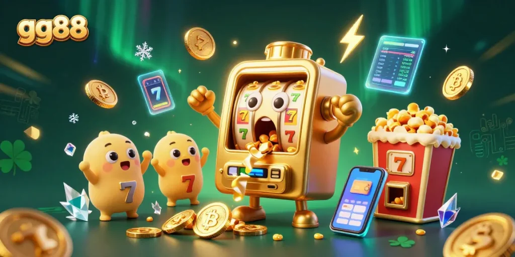 Experience the thrilling jackpot at gg88 with a lively slot machine and crypto elements in a vibrant casino scene.