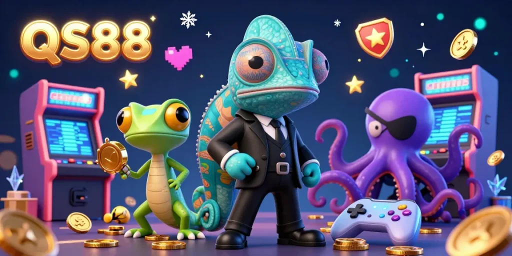 Engage with QS88's vibrant gaming experience featuring dynamic characters in a captivating casino setting.