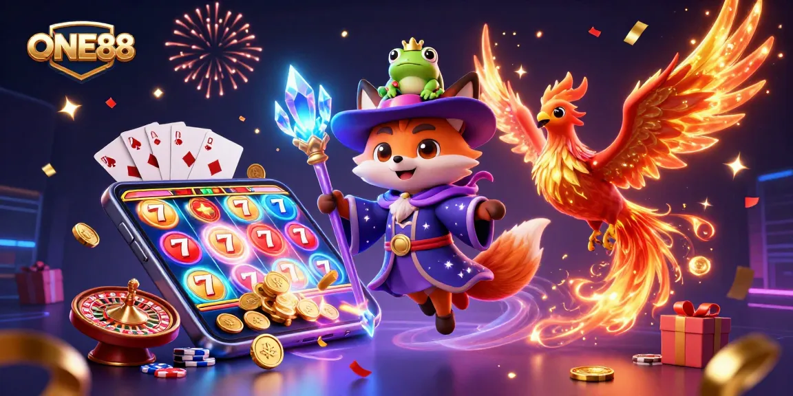 Experience thrilling gameplay at ONE88 with a vibrant 3D illustration featuring a mystical wizard, phoenix, and casino elements.