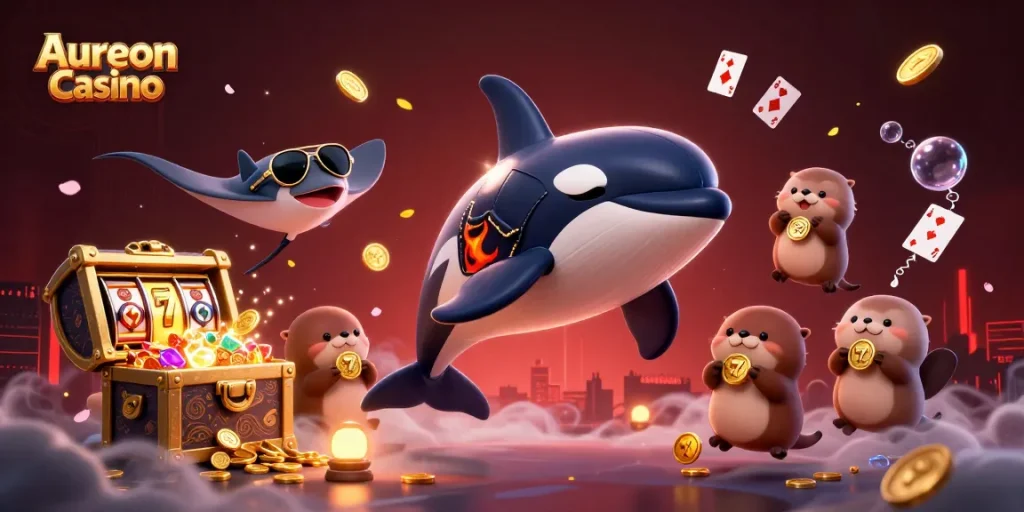 Aureon Casino showcases thrilling gaming with vibrant 3D characters, slots, and dazzling visuals.