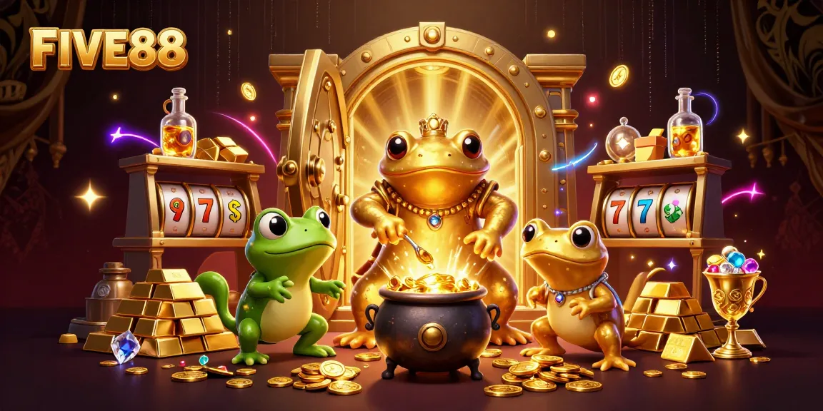 Experience the excitement of gambling at FIVE88 with vibrant 3D treasure elements and gold coins.