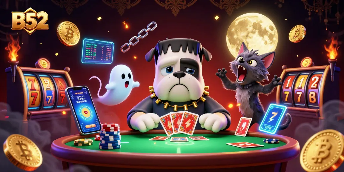 B52 Casino scene with a Frankenstein bulldog dealing cards amidst glowing crypto coins and slot reels.