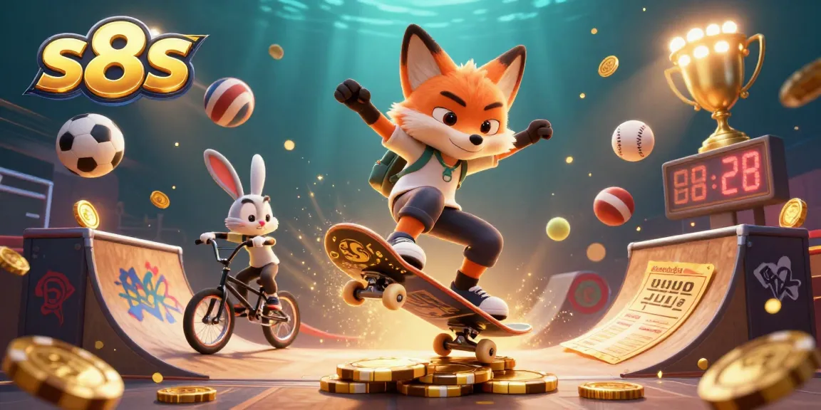 Experience exciting s8s gameplay with a skateboarder fox kickflipping over poker chips and dynamic sports elements.