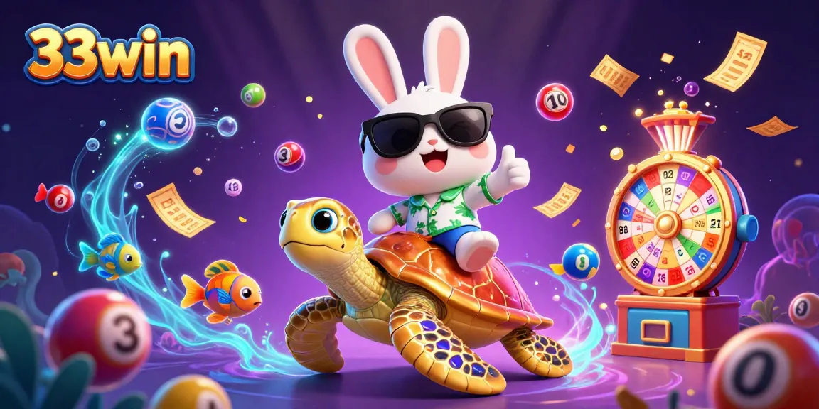 Engage with 33win through a vibrant illustration of a cartoon lucky rabbit and a golden sea turtle.