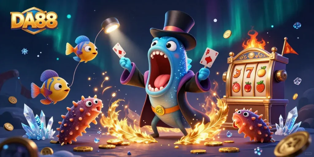 Experience thrilling action at DA88 as deep-sea creatures perform magic tricks in a vibrant casino.