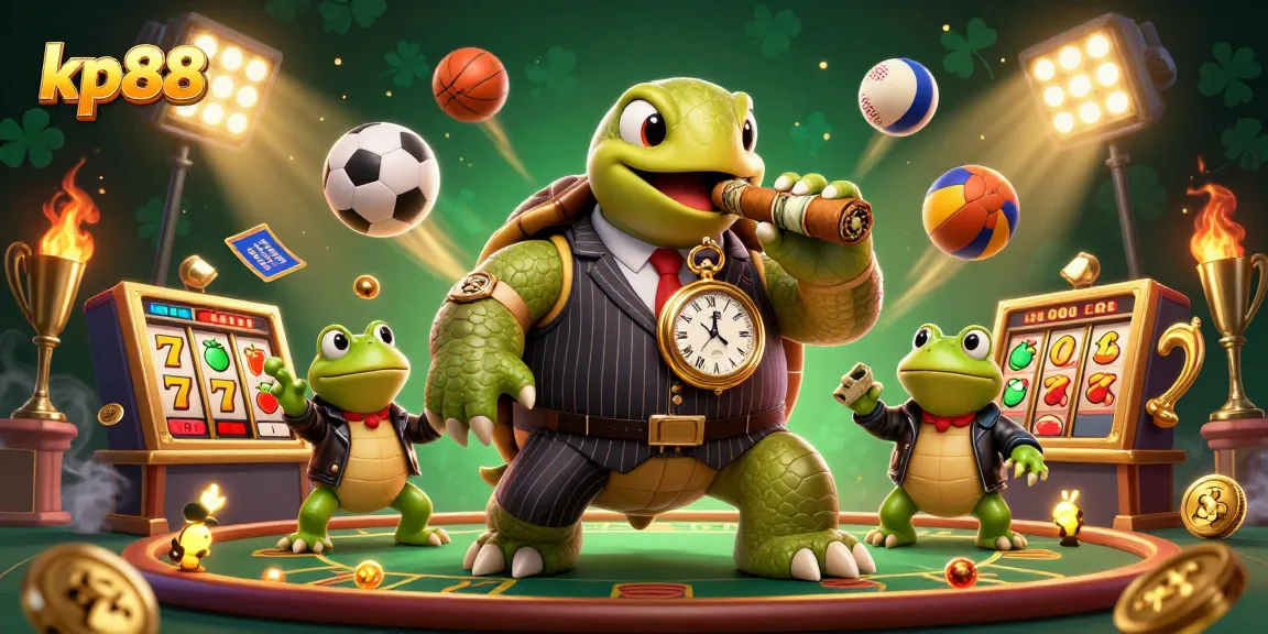 Engage with kp88 in a vibrant, dynamic casino scene featuring a turtle in a mobster suit and thrilling game elements.