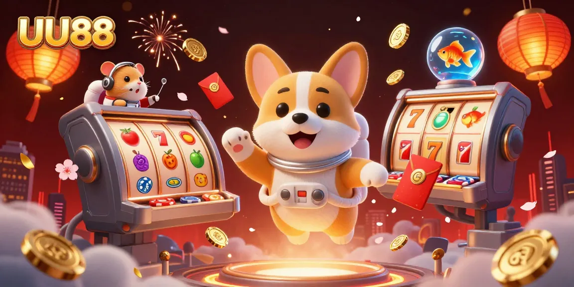 Engage in thrilling gameplay at UU88, where a cartoon dog and friends enjoy a vibrant casino atmosphere.