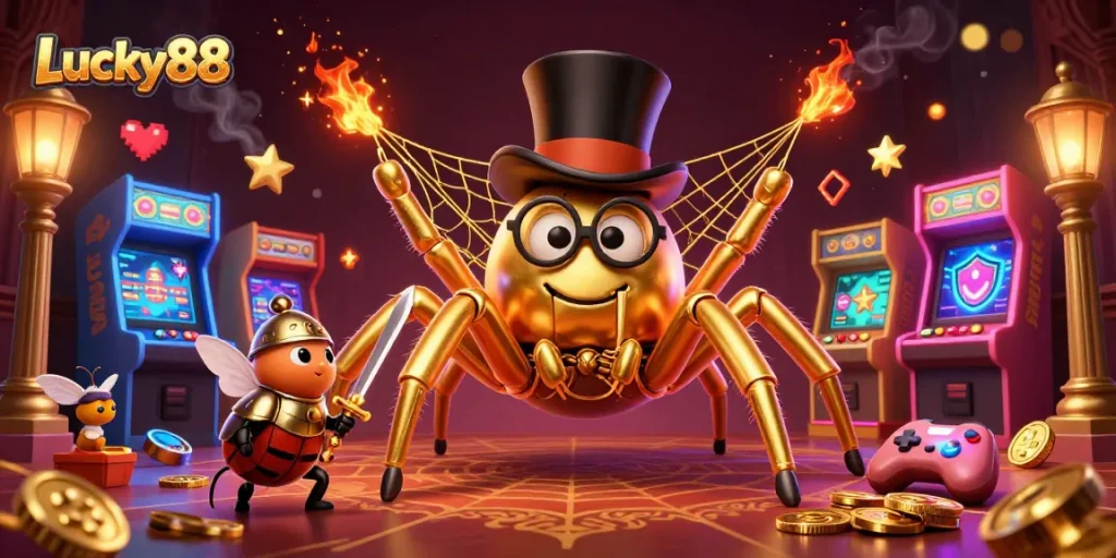 Experience the excitement of Lucky88, where the golden tarantula and beetle knight navigate a vibrant casino world.