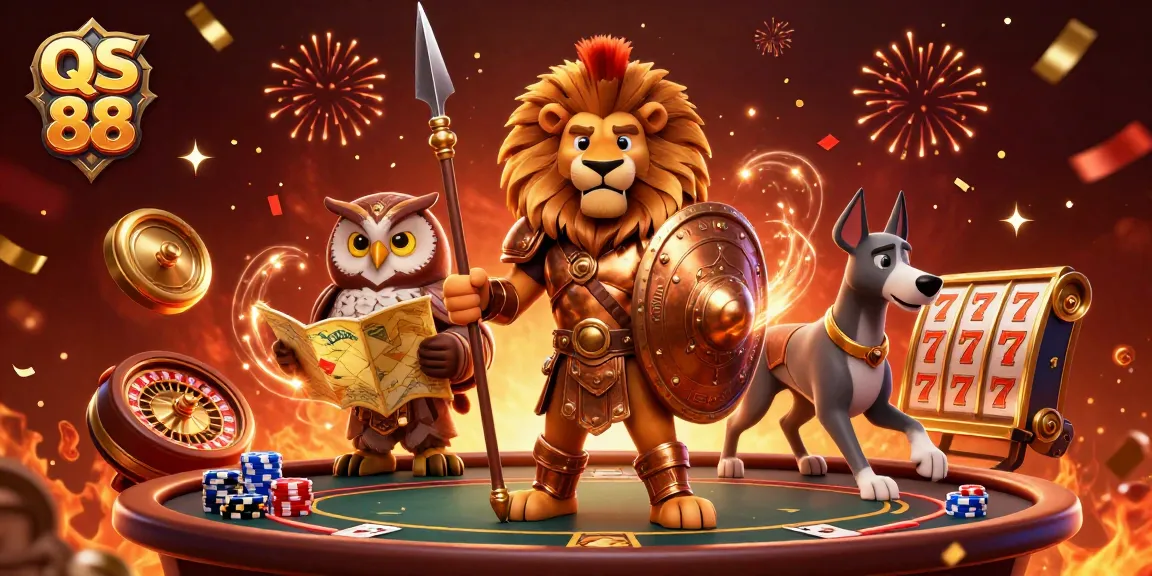 Engage with QS 88 in an exciting casino scene featuring a Spartan lion and tactical owl amidst poker tables and rotating slot reels.