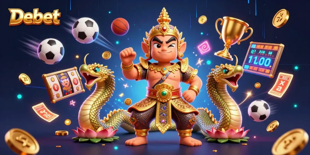 Debet's vibrant casino experience featuring a Thai guardian surrounded by sports and gambling elements.