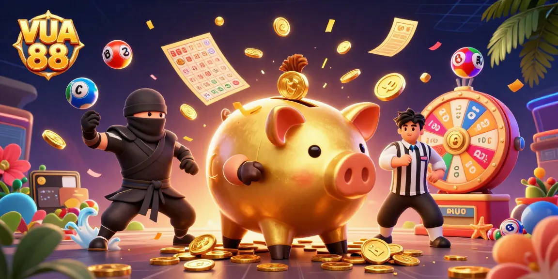 Engage with VUA 88 and witness a golden piggy bank sumo wrestler in an exciting gambling extravaganza.