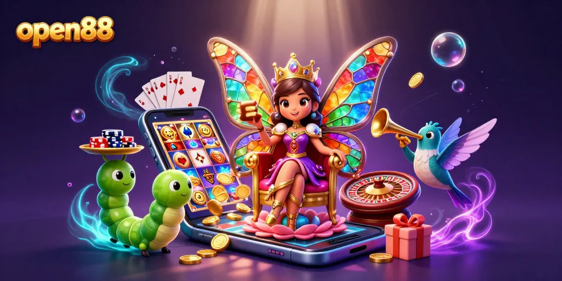 Open88 queen presides over a vibrant casino scene, surrounded by games and riches.