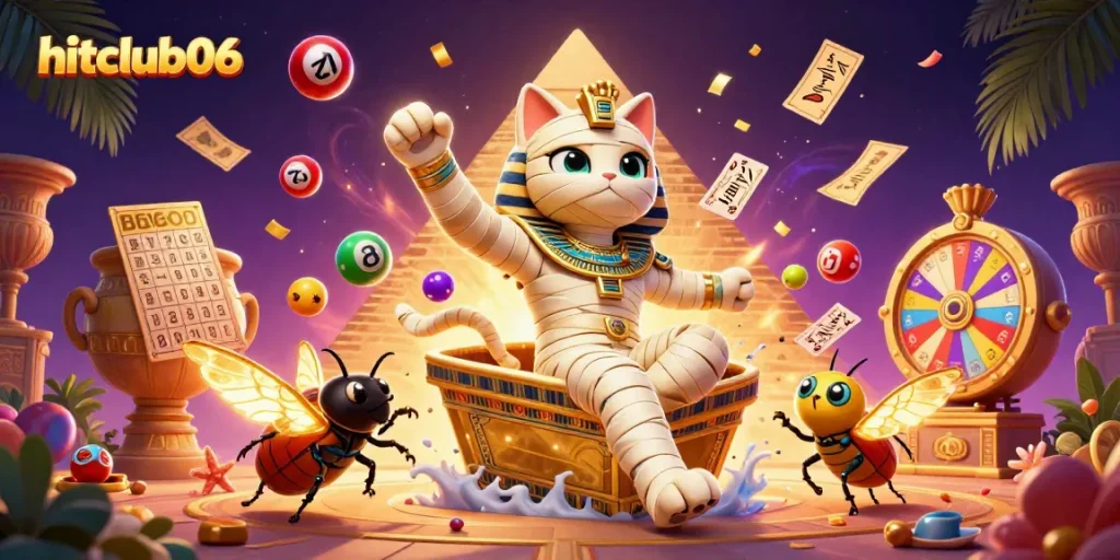 Bet on hitclub06 as an Egyptian mummy cat bursts from a sarcophagus in a vibrant casino scene.