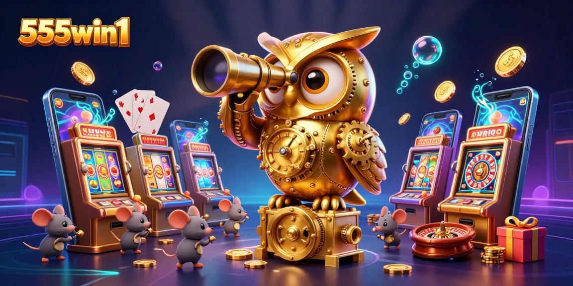 Engage with 555win1's vibrant casino scene featuring a golden owl and playful mice among dynamic gaming elements.